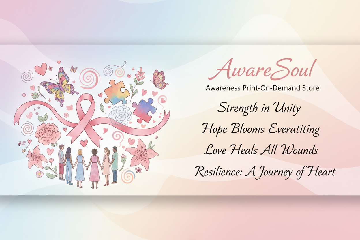 Wide banner design for an awareness print-on-demand store called "AwareSoul",
inspirational and emotional style,
symbolizing strength, hope, love, and resilience.

Left side features soft, artistic illustrations representing cancer awareness and autism awareness:
pink ribbons, multicolored puzzle elements, gentle hearts, butterflies, flowers, and abstract symbols of support,
diverse silhouettes of people united together,
hand-drawn illustration style, clean but artistic.

Right side has elegant inspirationa