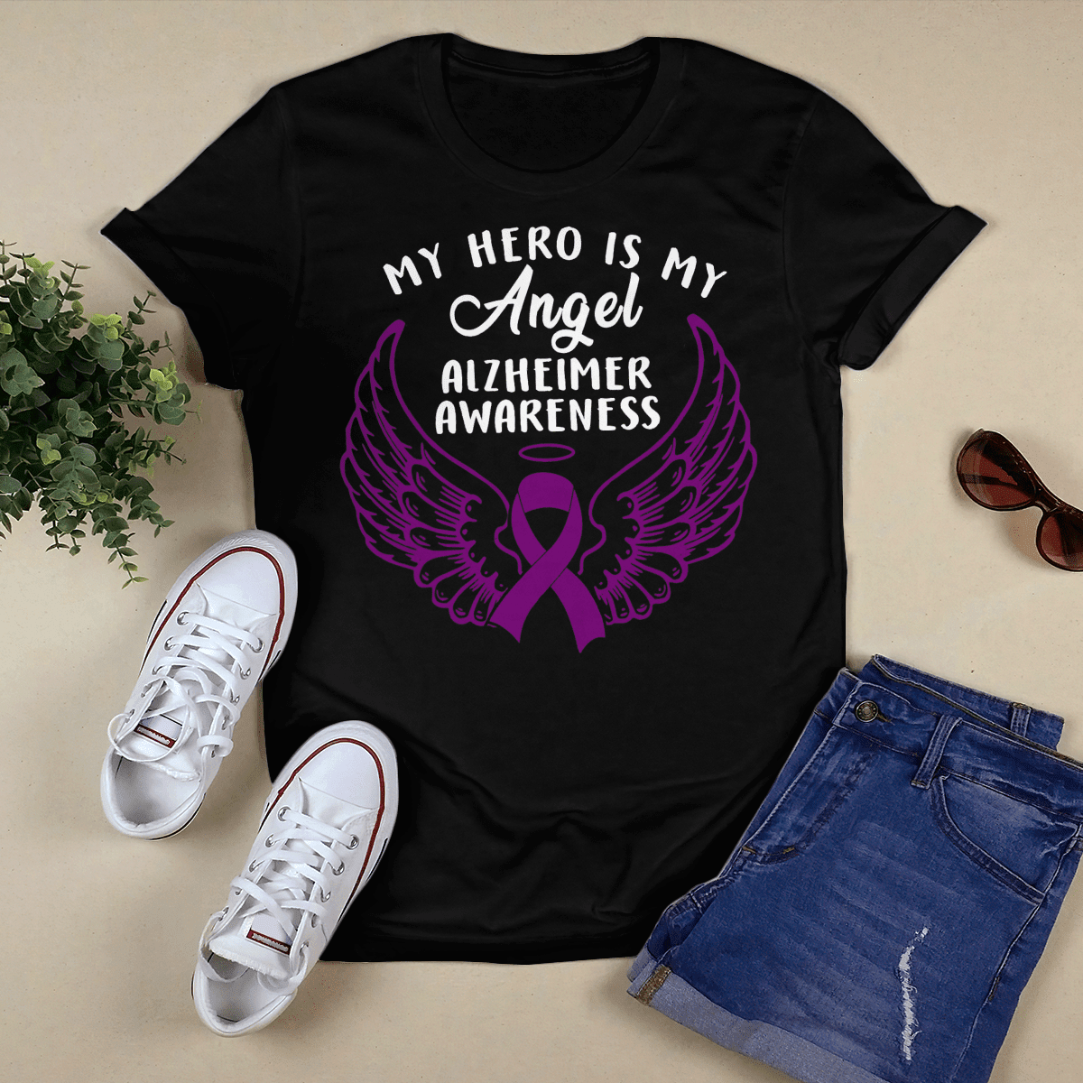 Support Alzheimer's Shirt, Alzheimer Dad Mom Tee, Alzheimer's gift, Gift For Her, Gift For Him My Hero Is Now Angel