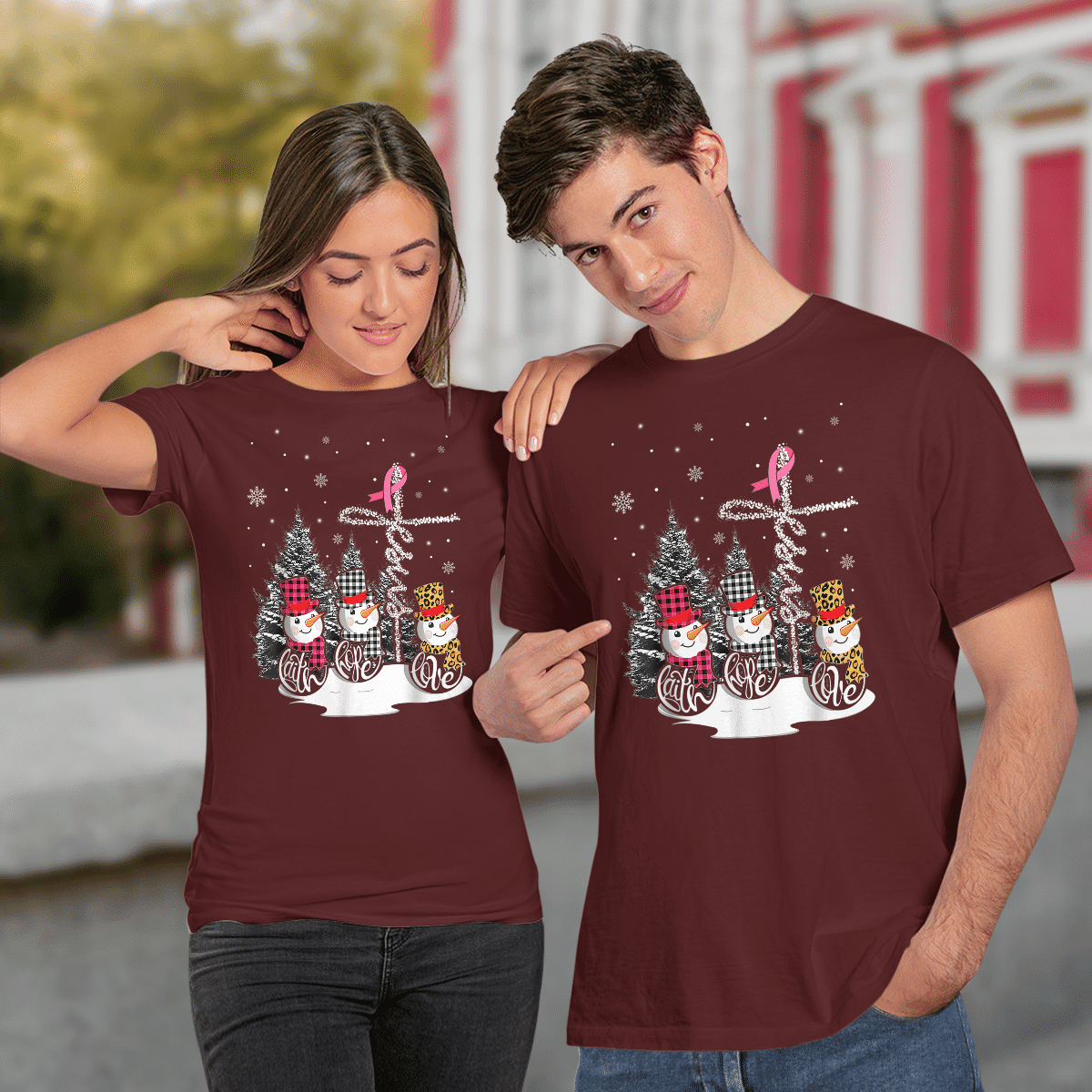 Faith Hope Love Jesus Snowman Breast Cancer OBBC 081121 , Breast Cancer Awareness T-Shirt, Special Gift for Breast Cancer Warrior