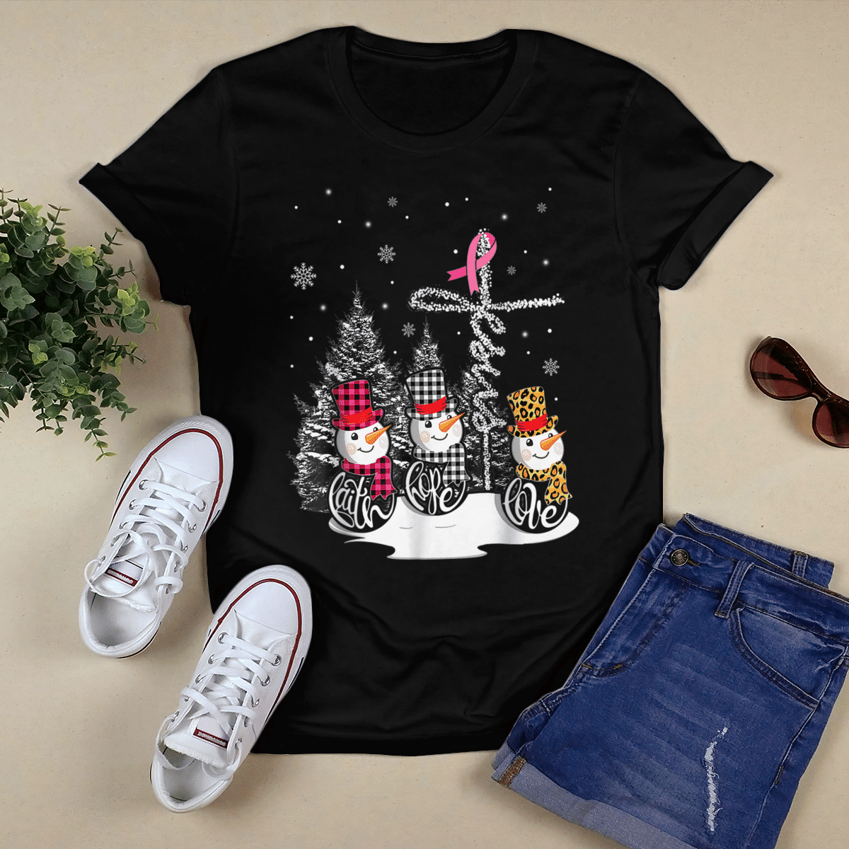 Faith Hope Love Jesus Snowman Breast Cancer OBBC 081121 , Breast Cancer Awareness T-Shirt, Special Gift for Breast Cancer Warrior