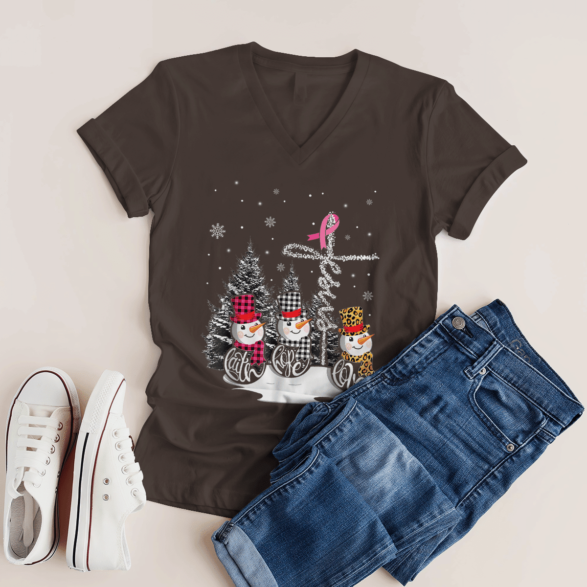 Faith Hope Love Jesus Snowman Breast Cancer OBBC 081121 , Breast Cancer Awareness T-Shirt, Special Gift for Breast Cancer Warrior