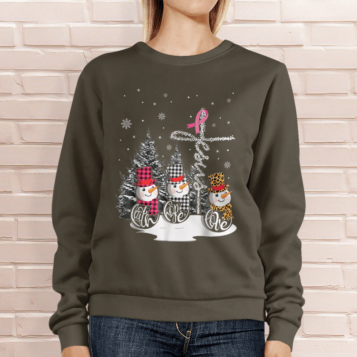 Faith Hope Love Jesus Snowman Breast Cancer OBBC 081121 , Breast Cancer Awareness T-Shirt, Special Gift for Breast Cancer Warrior