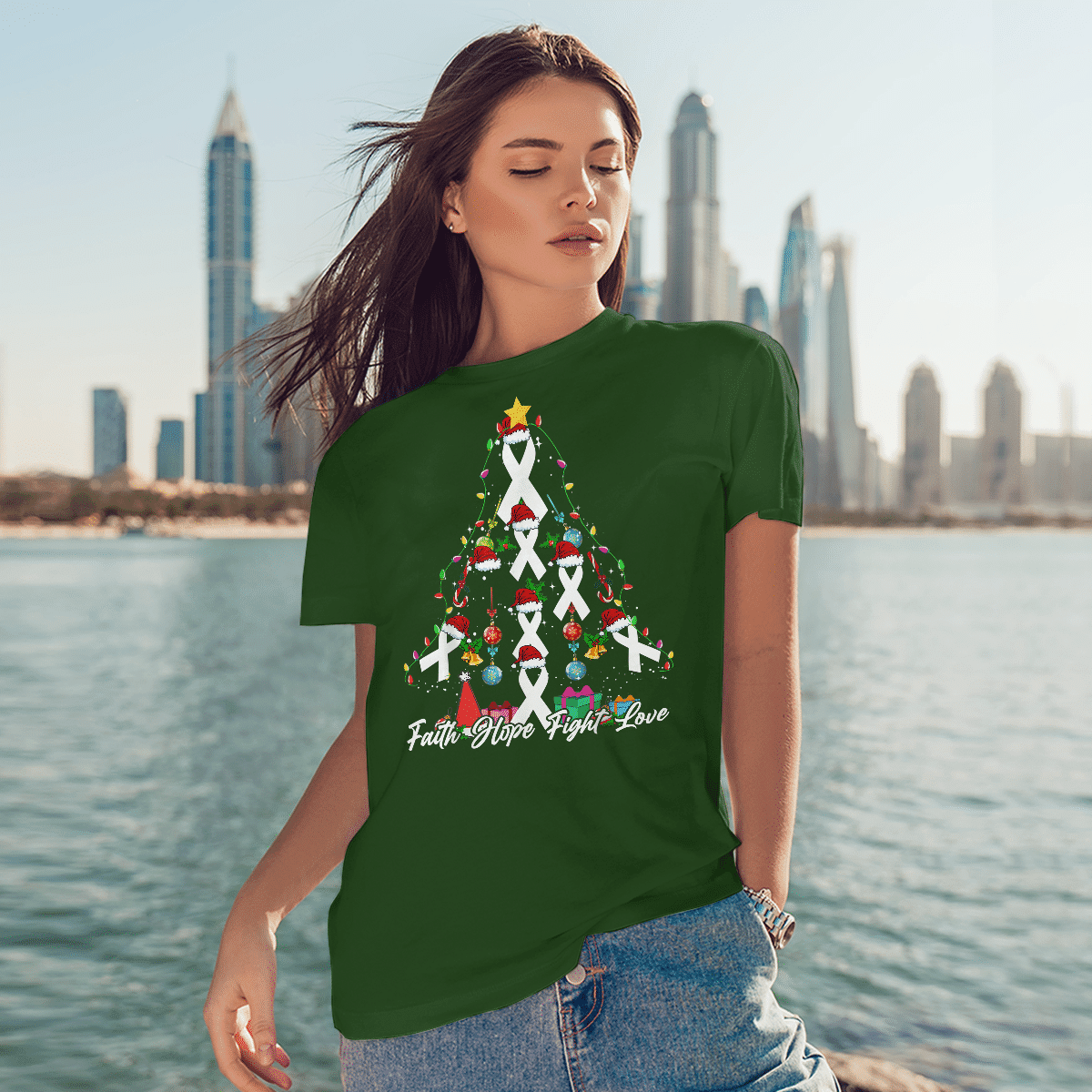 Santa White Ribbon Christmas Tree Lung , Breast Cancer Awareness T-Shirt, Special Gift for Breast Cancer Warrior