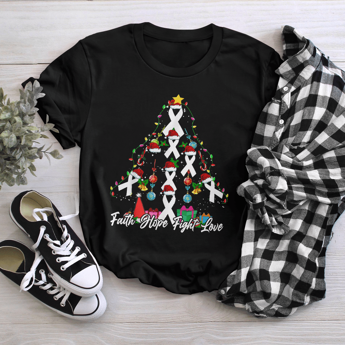 Santa White Ribbon Christmas Tree Lung , Breast Cancer Awareness T-Shirt, Special Gift for Breast Cancer Warrior