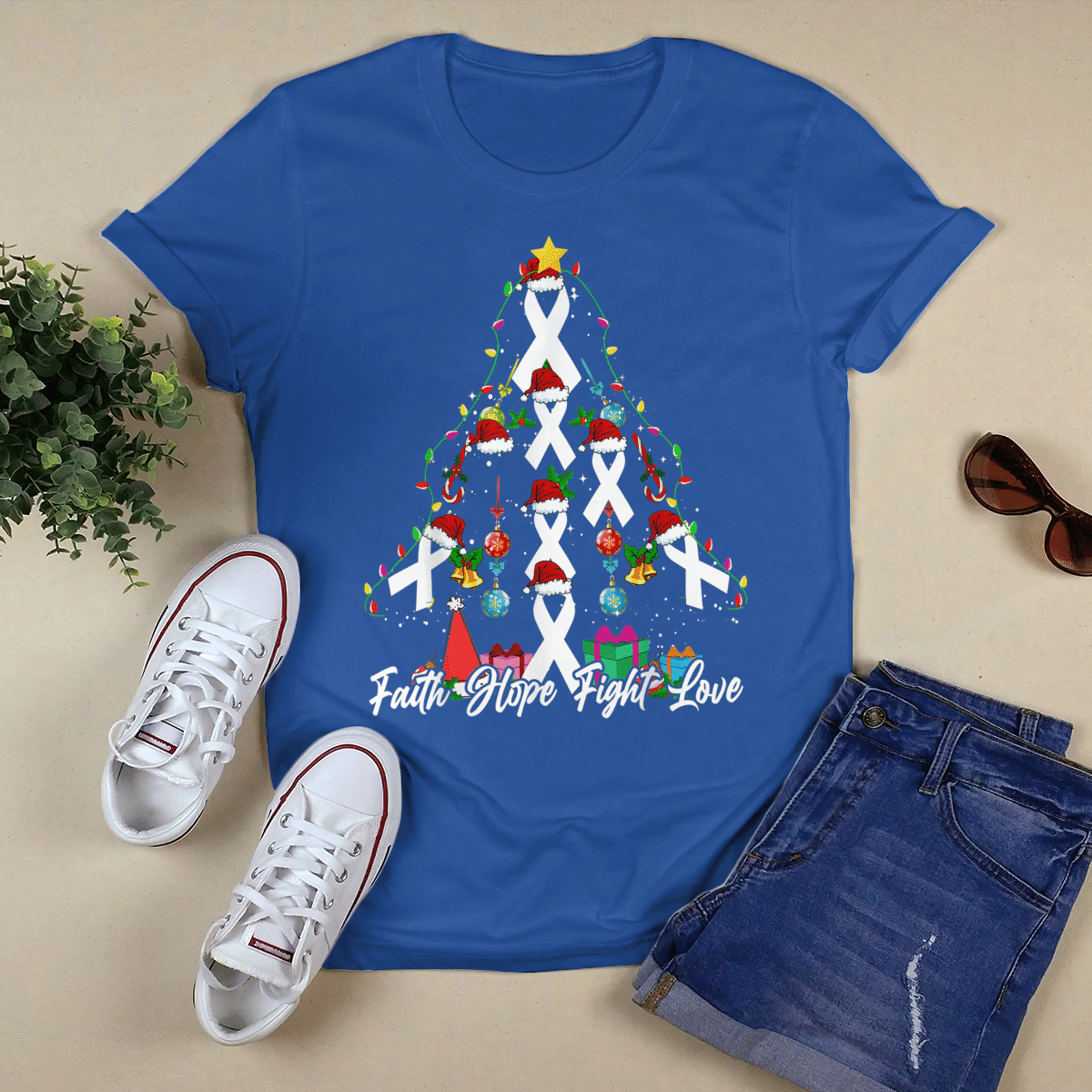 Santa White Ribbon Christmas Tree Lung , Breast Cancer Awareness T-Shirt, Special Gift for Breast Cancer Warrior