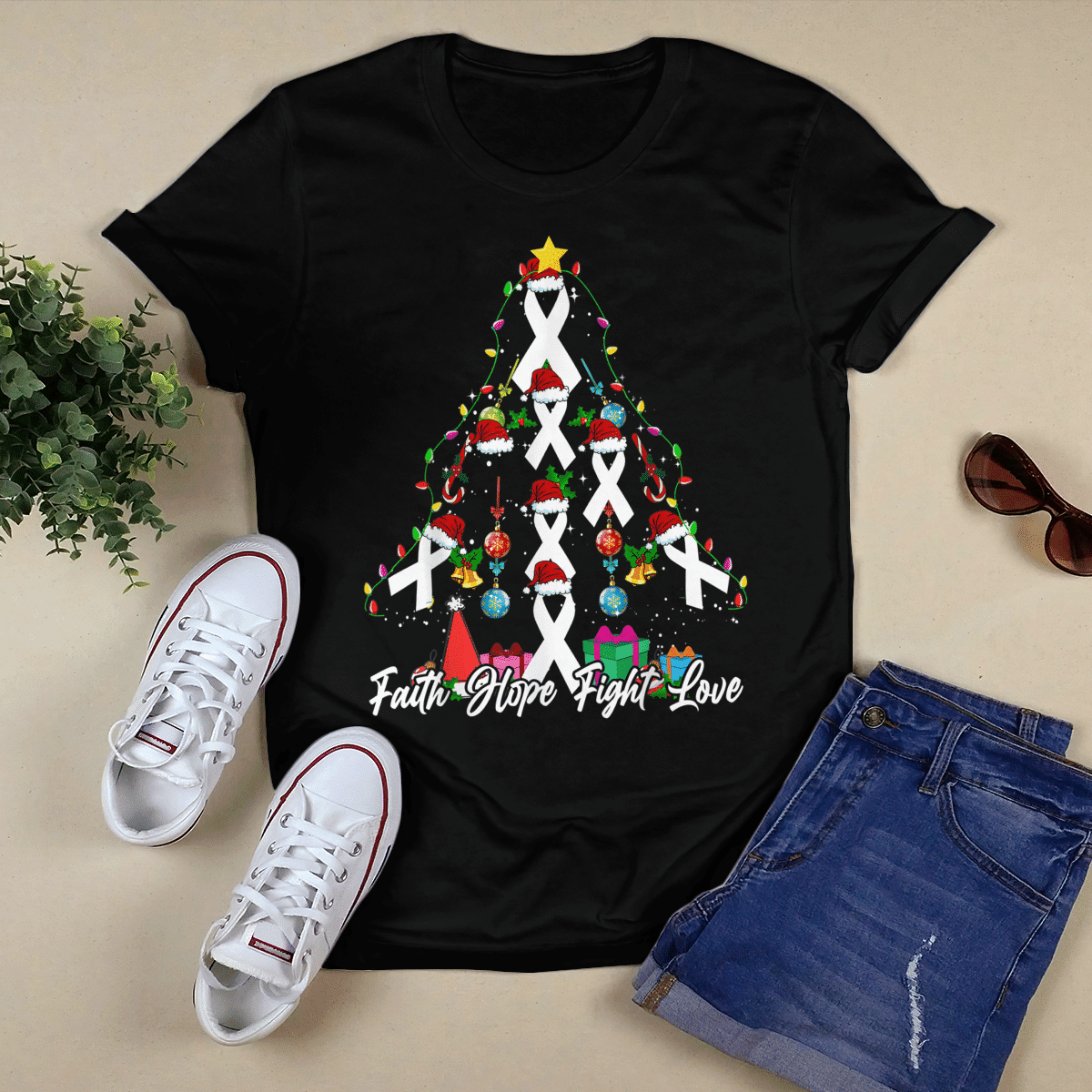Santa White Ribbon Christmas Tree Lung , Breast Cancer Awareness T-Shirt, Special Gift for Breast Cancer Warrior