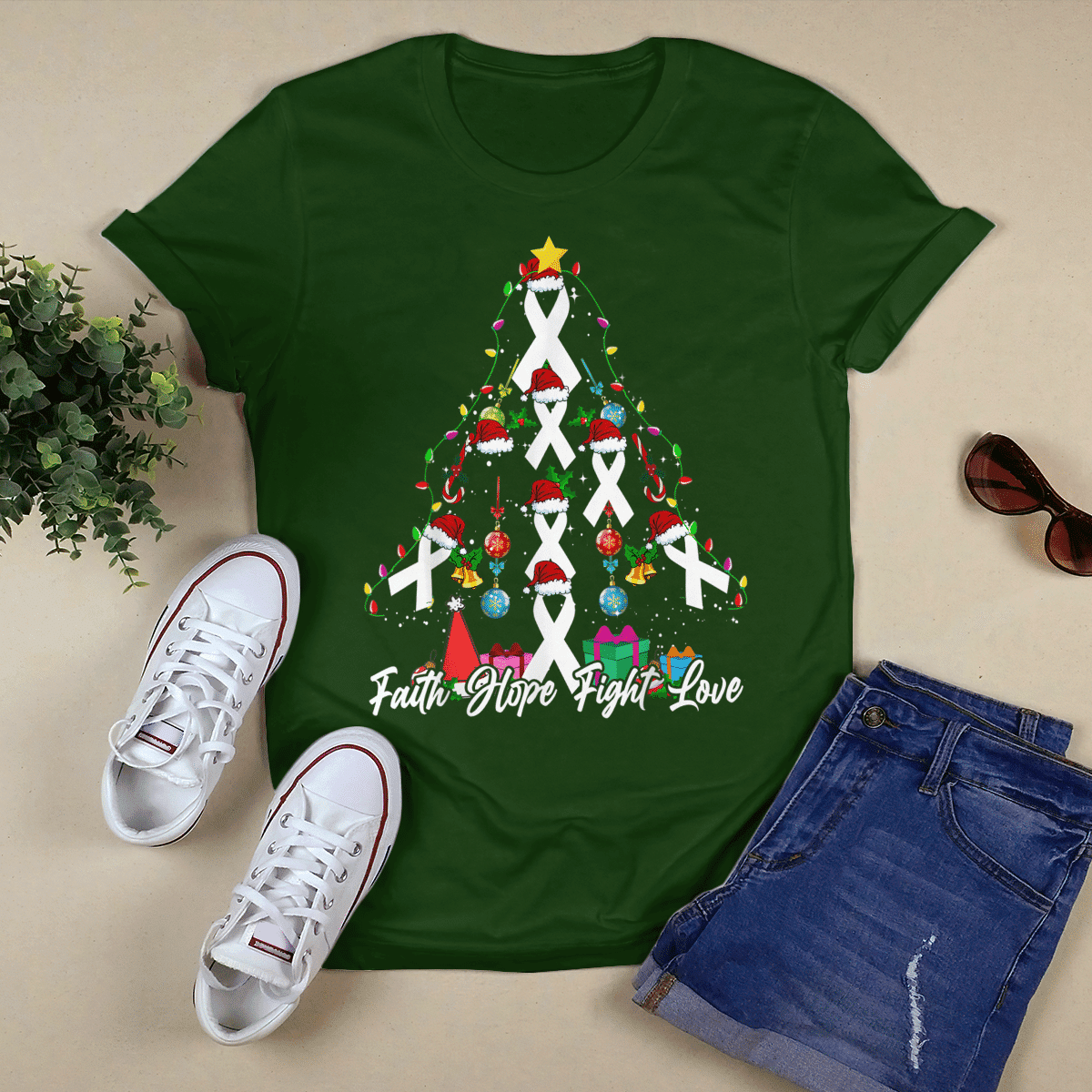Santa White Ribbon Christmas Tree Lung , Breast Cancer Awareness T-Shirt, Special Gift for Breast Cancer Warrior