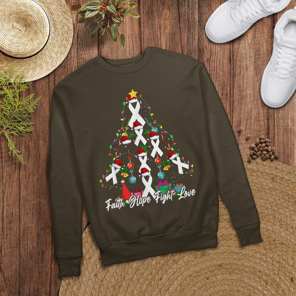 Santa White Ribbon Christmas Tree Lung , Breast Cancer Awareness T-Shirt, Special Gift for Breast Cancer Warrior