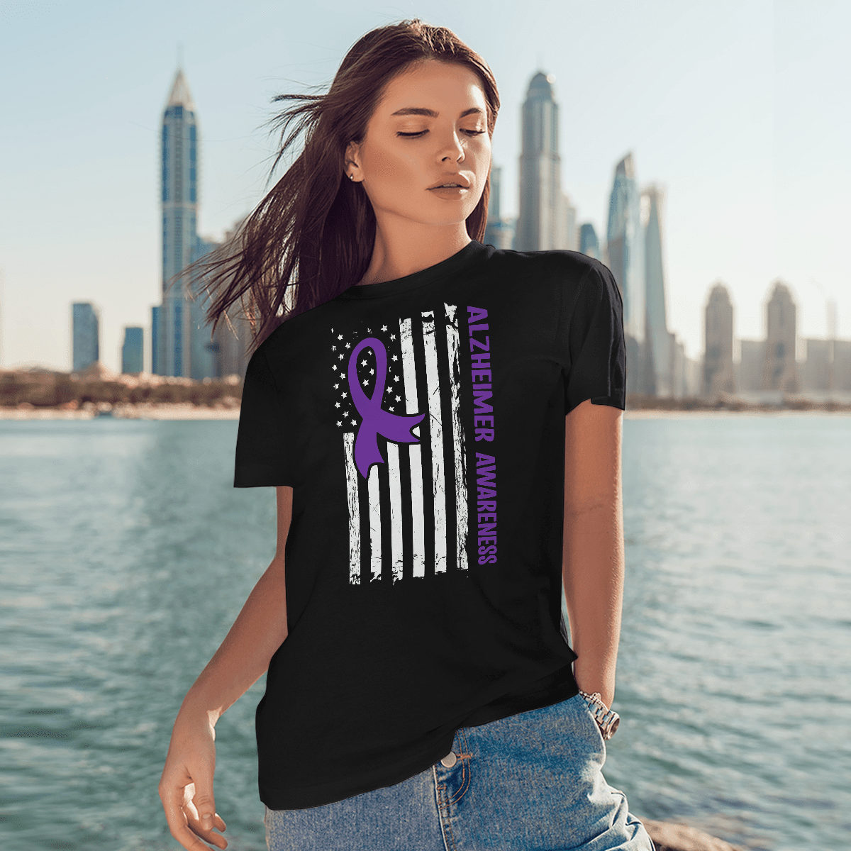 Alzheimer Awareness American Flag 2320