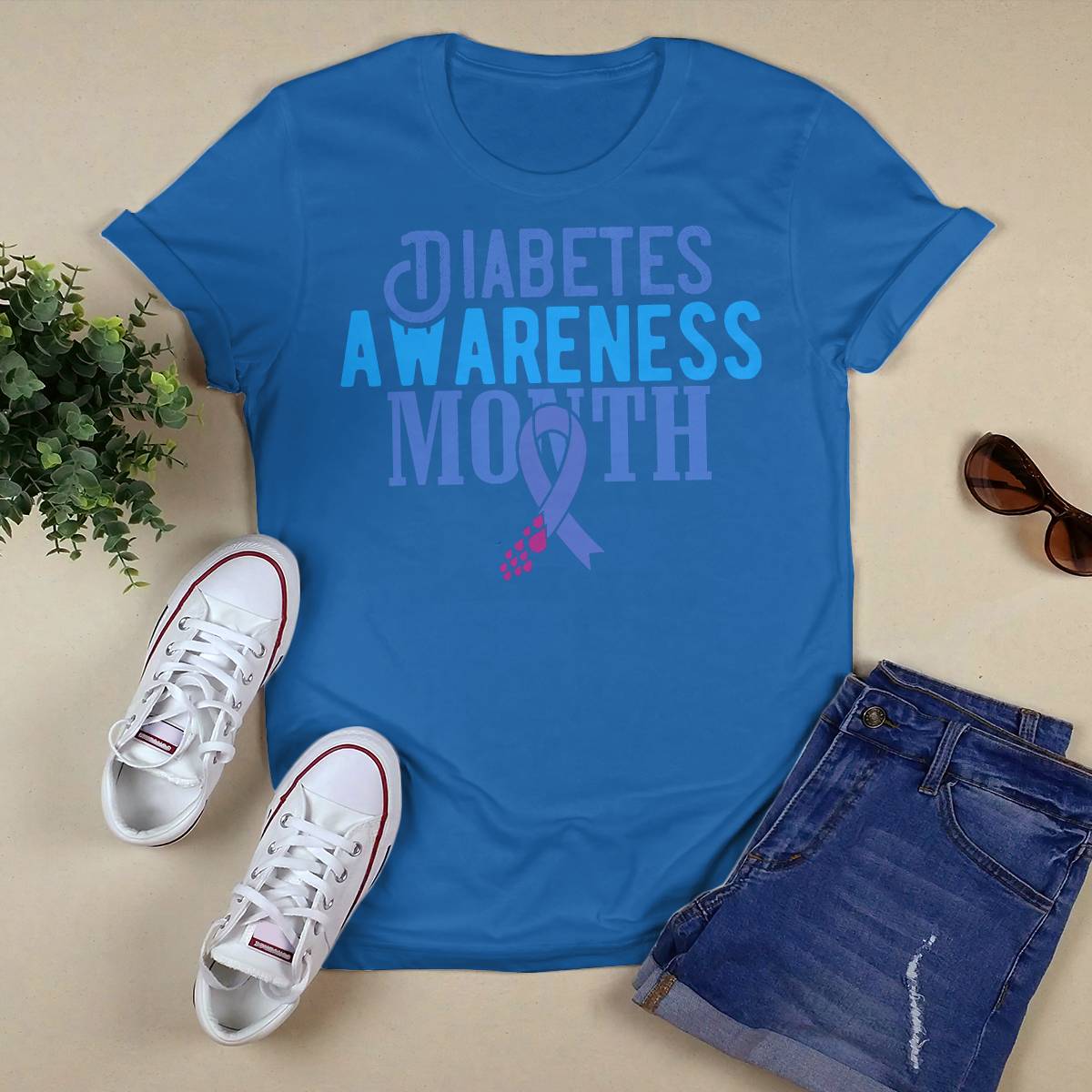 Diabetes Awareness Month Blue Love Ribbon Support T1D T2D Dab2345